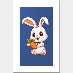 Cute Cartoon Bunny Rabbit with Carrot Posters and Art